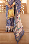 Powder Blue And Cream Banarasi Silk Saree With Floral Pallu