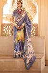 Powder Blue And Cream Banarasi Silk Saree With Floral Pallu