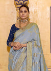 Powder Blue Banarasi Crepe Silk Saree with Navy Blue Contrast Blouse