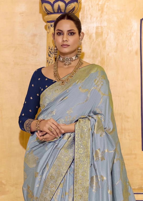 Powder Blue Banarasi Crepe Silk Saree with Navy Blue Contrast Blouse