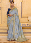 Powder Blue Banarasi Crepe Silk Saree with Navy Blue Contrast Blouse