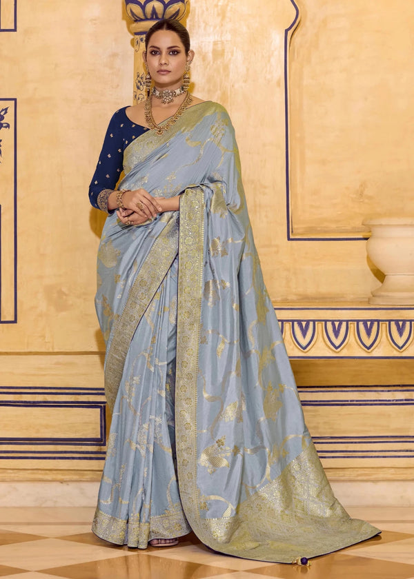 Powder Blue Banarasi Crepe Silk Saree with Navy Blue Contrast Blouse