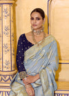 Powder Blue Banarasi Crepe Silk Saree with Navy Blue Contrast Blouse