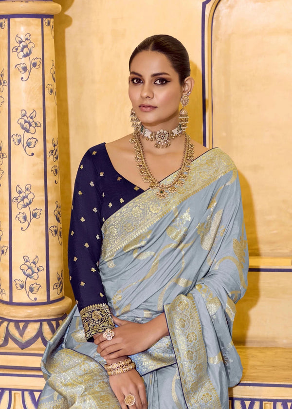 Powder Blue Banarasi Crepe Silk Saree with Navy Blue Contrast Blouse