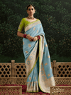 Powder Blue Designer Banarasi Dola Silk Saree With Golden Zari Work
