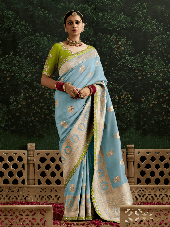 Powder Blue Designer Banarasi Dola Silk Saree With Golden Zari Work