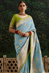 Powder Blue Designer Banarasi Dola Silk Saree With Golden Zari Work