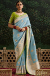 Powder Blue Designer Banarasi Dola Silk Saree With Golden Zari Work