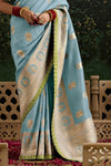 Powder Blue Designer Banarasi Dola Silk Saree With Golden Zari Work