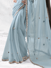 Powder Blue Embroidered Designer Chiffon Silk Saree With Contrast Blouse