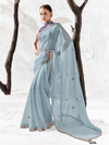 Powder Blue Embroidered Designer Chiffon Silk Saree With Contrast Blouse