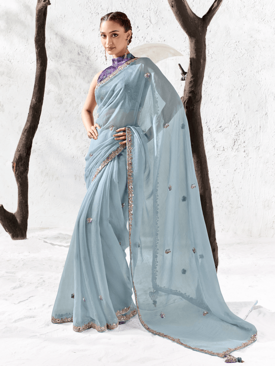 Powder Blue Embroidered Designer Chiffon Silk Saree With Contrast Blouse