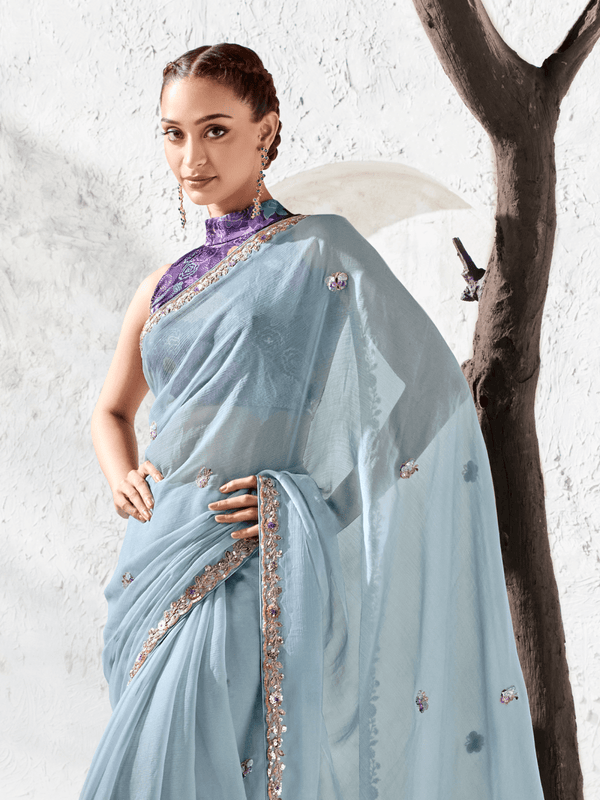 Powder Blue Embroidered Designer Chiffon Silk Saree With Contrast Blouse
