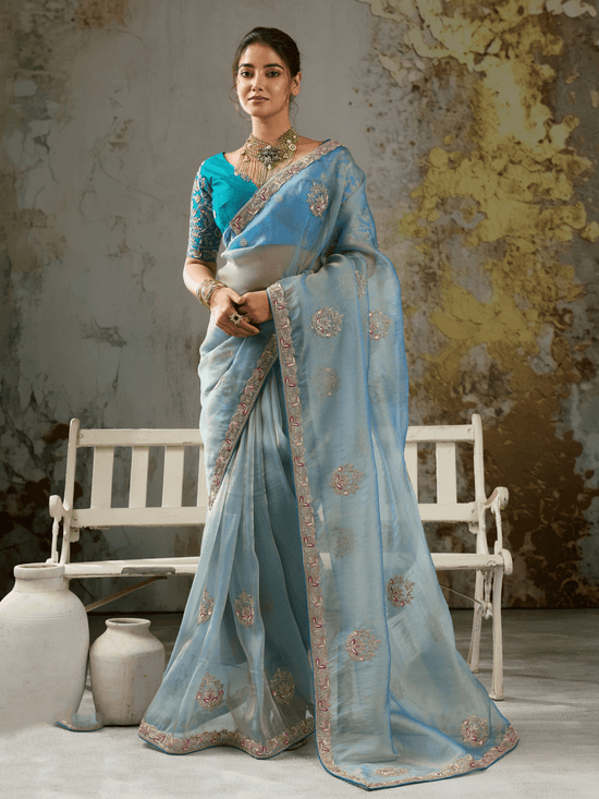 Powder Blue Embroidered Designer Organza Silk Saree