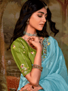 Powder Blue Embroidered Designer Organza Silk Saree With Contrast Blouse