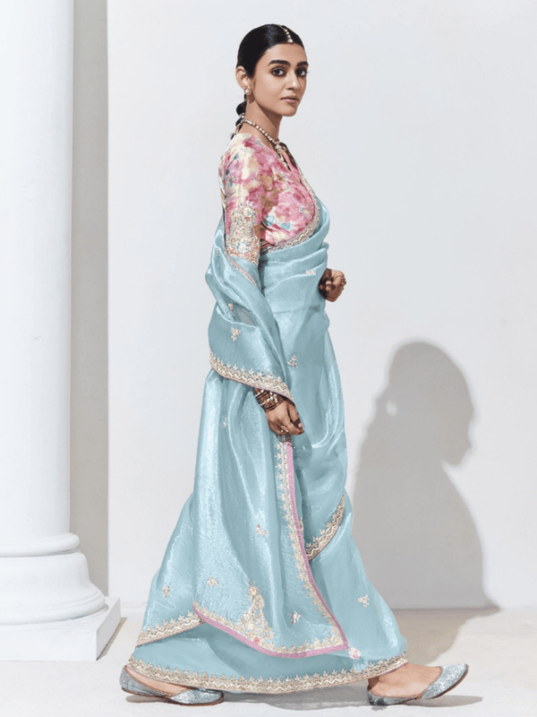 Powder Blue Embroidered Designer Tissue Silk Saree