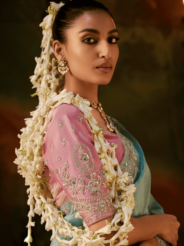 Powder Blue Embroidered Designer Tissue Silk Saree With Contrast Blouse