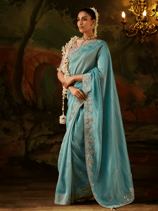 Powder Blue Embroidered Designer Tissue Silk Saree With Contrast Blouse