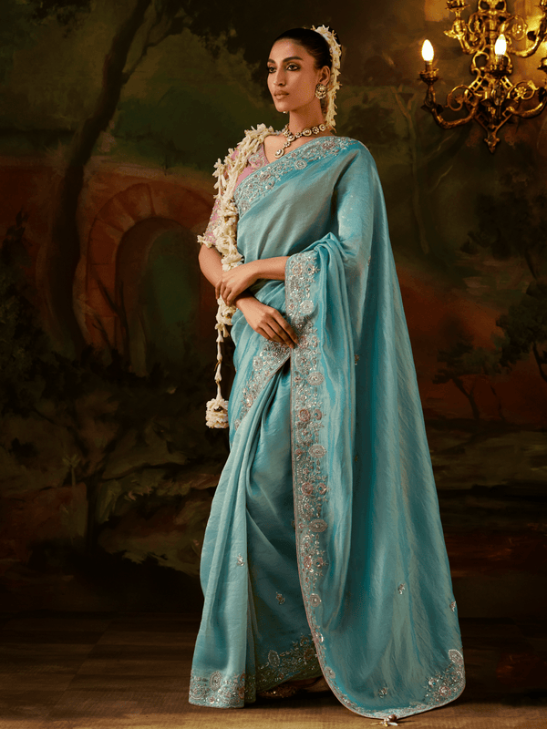 Powder Blue Embroidered Designer Tissue Silk Saree With Contrast Blouse