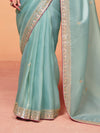 Powder Blue Organza Silk Designer Saree with Pink Contrast Blouse