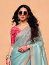 Powder Blue Organza Silk Designer Saree with Pink Contrast Blouse