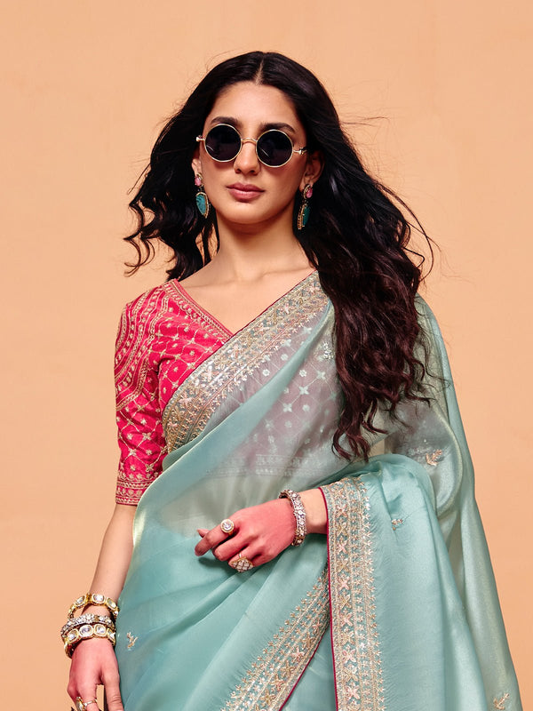 Powder Blue Organza Silk Designer Saree with Pink Contrast Blouse