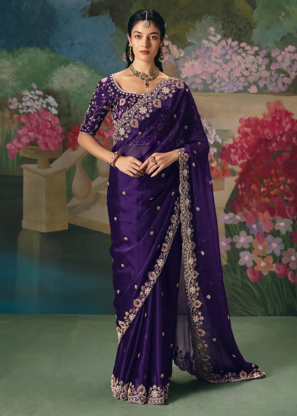 Purple Designer Silk Saree with Floral Embroidery Work