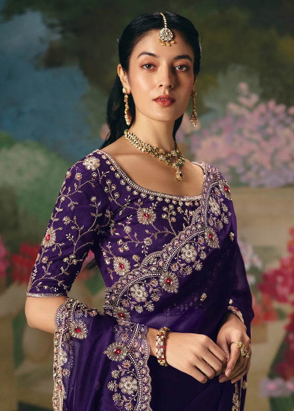 Purple Designer Silk Saree with Floral Embroidery Work