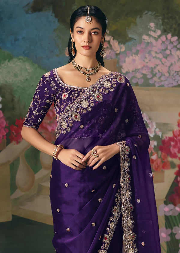 Purple Designer Silk Saree with Floral Embroidery Work