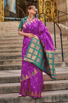 Purple Khadi South Silk Saree With Temple Border