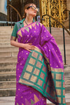 Purple Khadi South Silk Saree With Temple Border