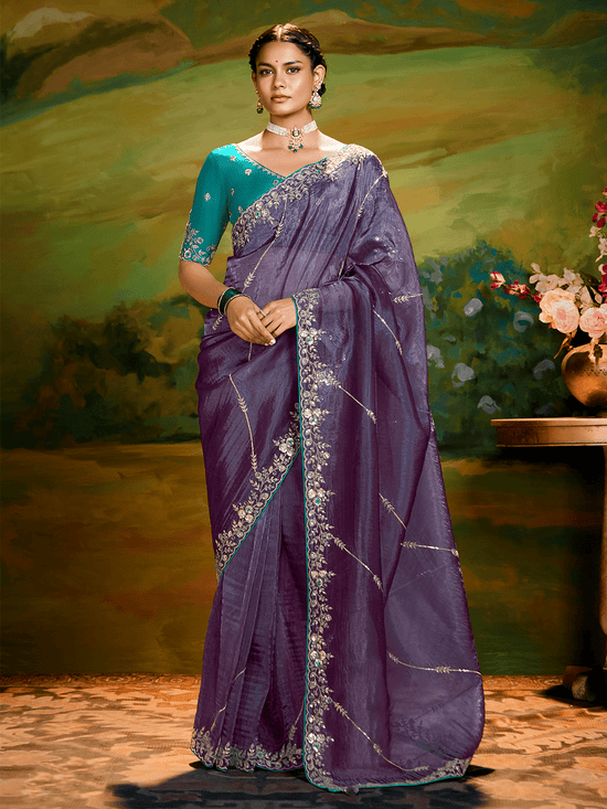 Purple Tissue Silk Designer Saree with Embroidery Work