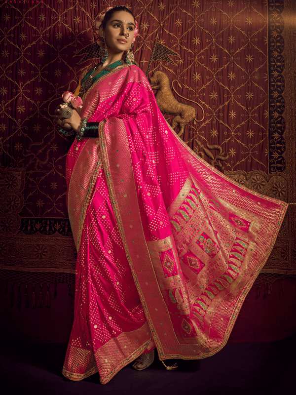 Rani Pink Banarasi Dola Silk Saree With Contrast Blouse