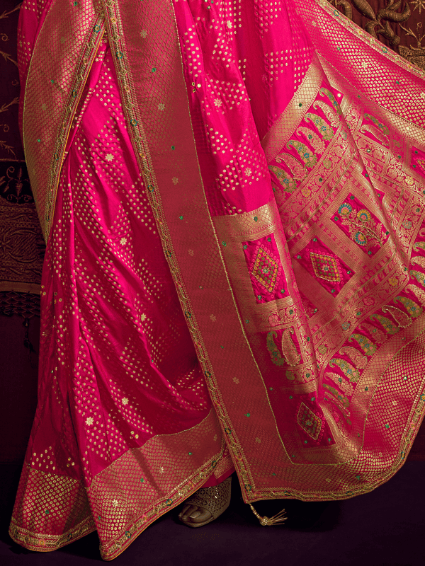 Rani Pink Banarasi Dola Silk Saree With Contrast Blouse