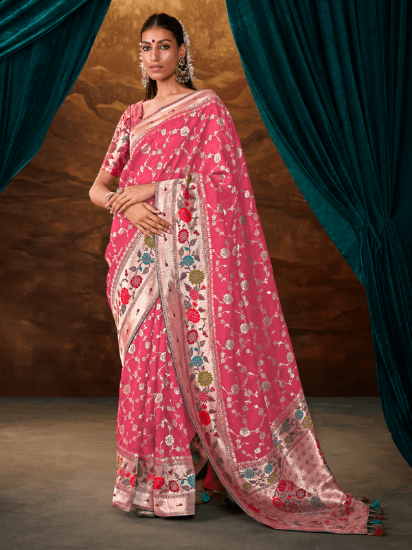 Rani Pink Banarasi Organza Silk Saree