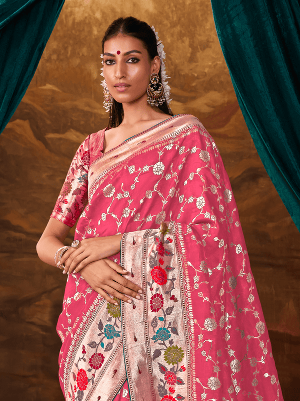 Rani Pink Banarasi Organza Silk Saree