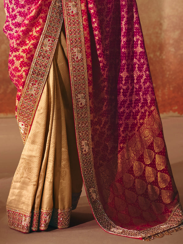 Rani Pink Bandhani Banarasi Georgette Saree, border and drape