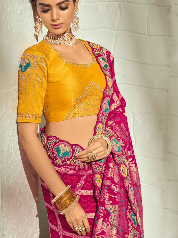Rani Pink Bandhani Banarasi Georgette Saree With Contrast Blouse