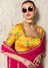 Rani Pink Designer Organza Saree with Yellow Contrast Blouse
