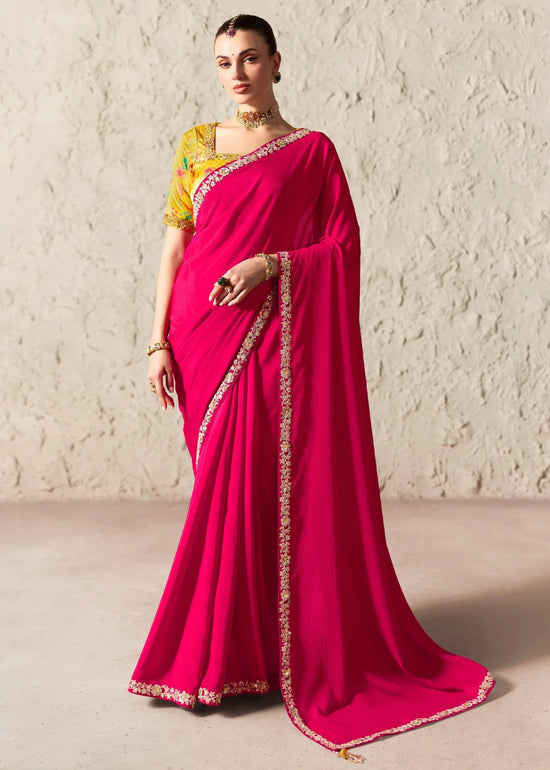 Rani Pink Designer Organza Saree with Yellow Contrast Blouse