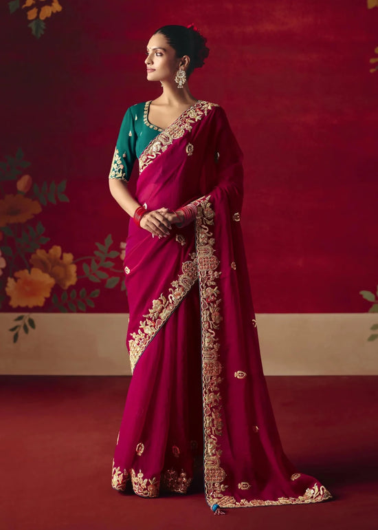 Rani Pink Designer Silk Saree with Contrast Blouse
