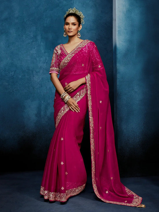 Rani Pink Designer Silk Saree with Heavy Embroidered Blouse