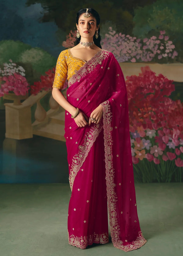 Rani Pink Designer Silk Saree with Heavy Zari Embroidery Work