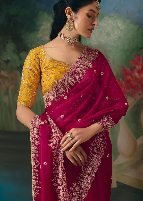 Rani Pink Designer Silk Saree with Heavy Zari Embroidery Work
