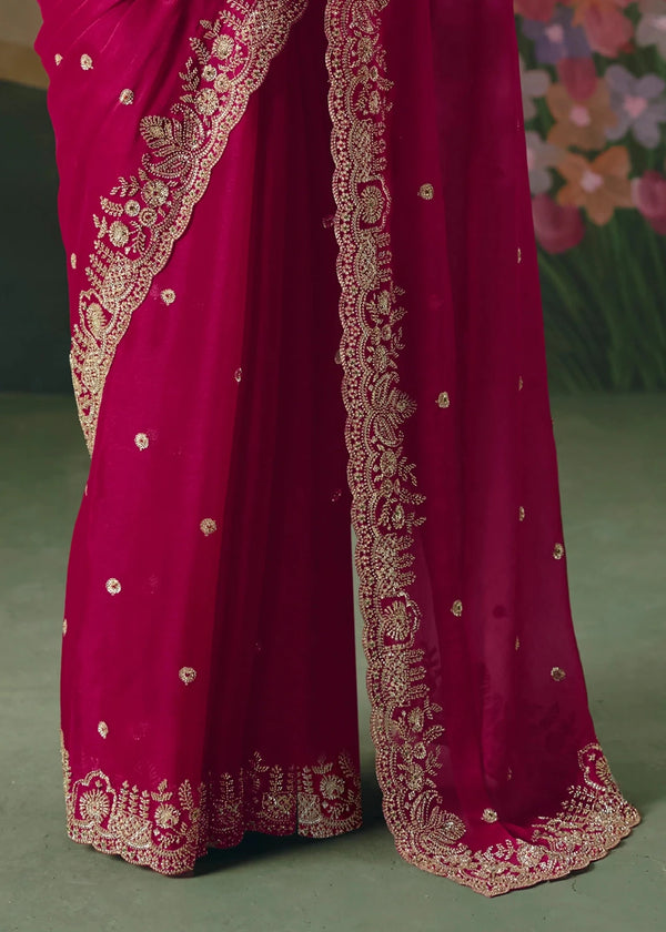 Rani Pink Designer Silk Saree with Heavy Zari Embroidery Work