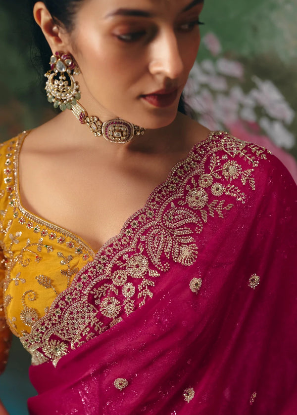 Rani Pink Designer Silk Saree with Heavy Zari Embroidery Work