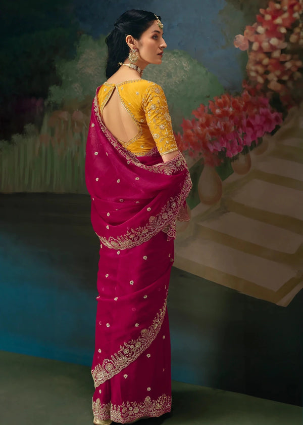 Rani Pink Designer Silk Saree with Heavy Zari Embroidery Work