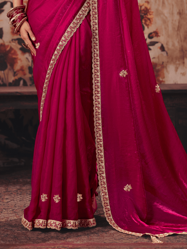 Rani Pink Embroidered Designer Satin Silk Saree