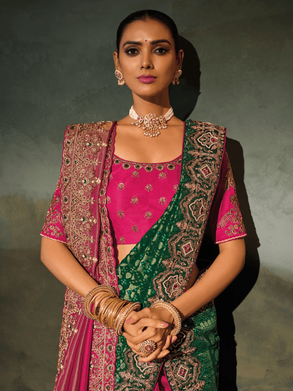 Rani Pink Embroidered Designer Tissue Silk Saree