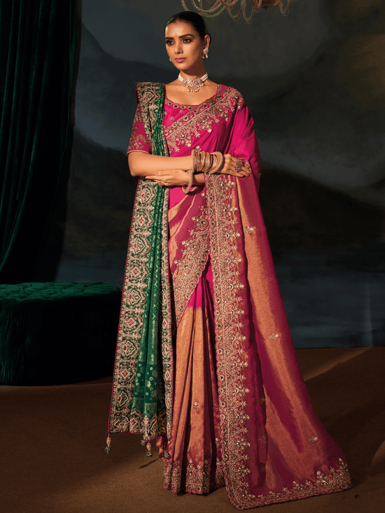 Rani Pink Embroidered Designer Tissue Silk Saree